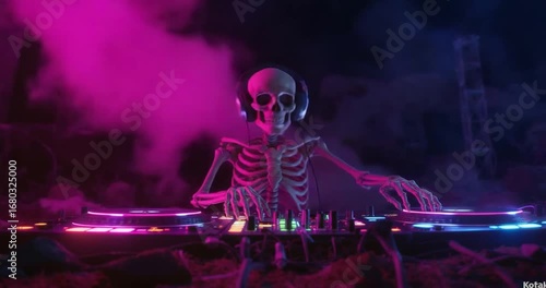 Undead skeleton DJ mixing spooky beats for a ghostly Halloween rave party with vibrant neon lights and atmospheric fog