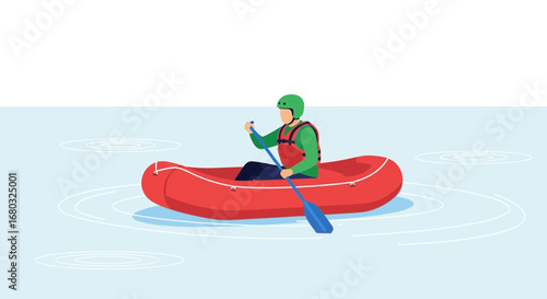Adventurous Person Paddling Red Raft on Calm Water Vector Illustration Design