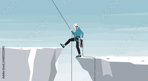 Adventurous Person Rappelling Down Cliff Face With Harness and Ropes Against Blue Sky
