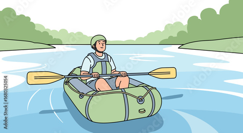 Adventurous Person Rafting On The River In A Simplified And Colorful Illustration