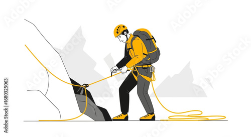 Adventurer Preparing To Ascend a Rocky Facade, Hiking With Safety Gear, Vector Illustration