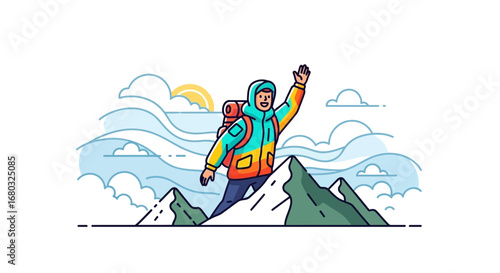 Adventurer Reaches Mountain Peak Celebrating Successful Climb Over Overcast Skies