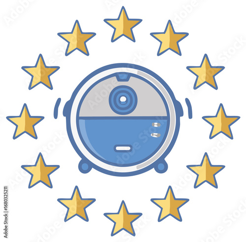Modern blue robot vacuum cleaner icon encircled by golden stars for high rating and excellence