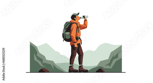 Adventurer Rehydrating Amongst Mountain Peaks Preparing For A Challenging Hiking Route
