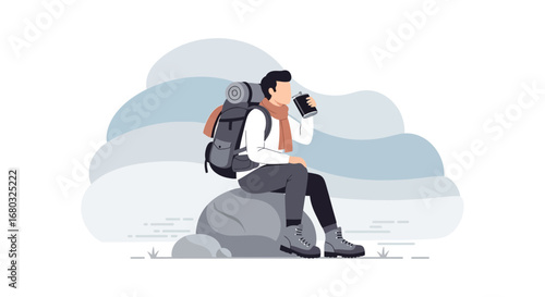 Adventurer Relaxes With Refreshment After A Long Hike In The Rugged Wilderness