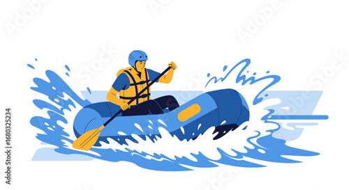 Adventurous Person Whitewater Rafting Through Rapid Waterway in Illustrated Style