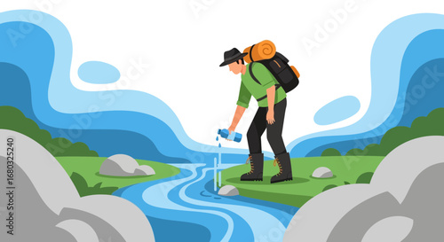 Adventurer Refilling Water Bottle From Stream Amidst Scenic Natural Landscape