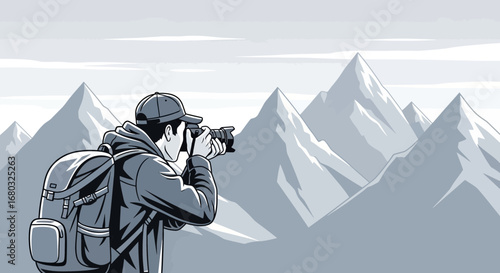 Adventurous Photographer Capturing Majestic Mountain Peaks In Silhouette Artwork With A Backpack