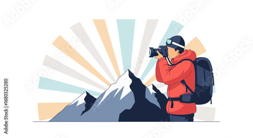 Adventurous Photographer Capturing Majestic Mountain Scenery With Dynamic Artistic Composition