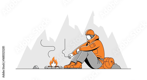 Adventurer resting by campfire with mountain range in background digital illustration line art