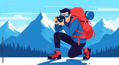 Adventurous Photographer Capturing Mountain Landscapes with a Backpack for Travel Photography