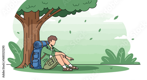 Adventurer Resting Under Tree Shade While Observing The Environment And Nature Quietly