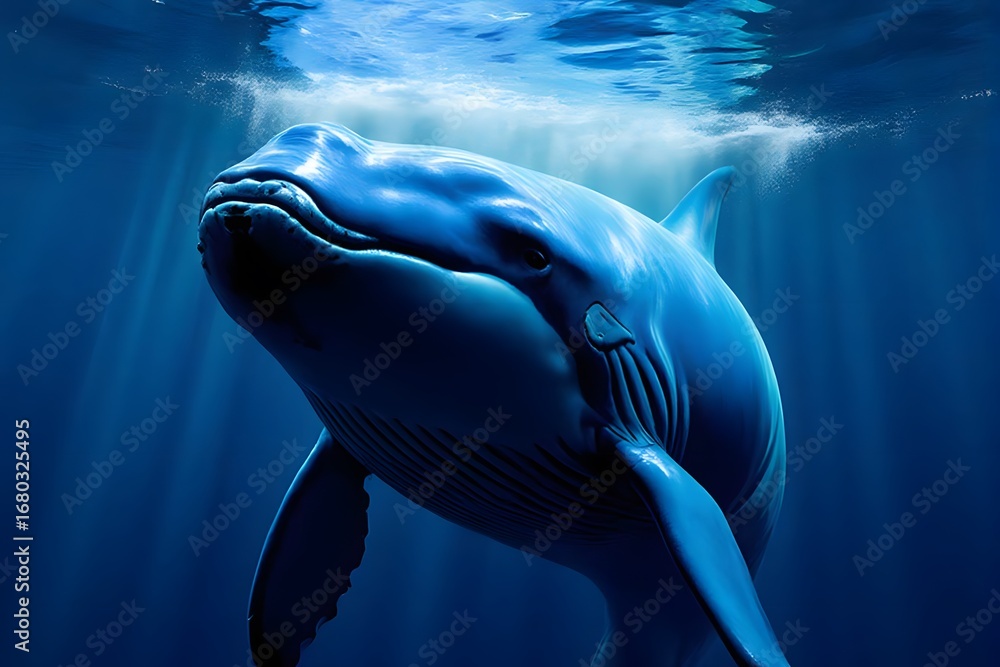 Fototapeta premium Deep blue whale swimming in sunlight.