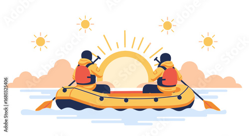 Adventurous Rafting Expedition On The River At Sunrise With A Pair of People