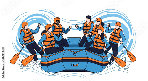 Adventurous Rafting Expedition Under Bright Skies, Depicting Teamwork and Exhilaration