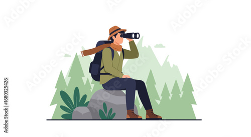 Adventurer Seeking Vantage Point Through Binoculars Amidst Mountainous Forest Scenery
