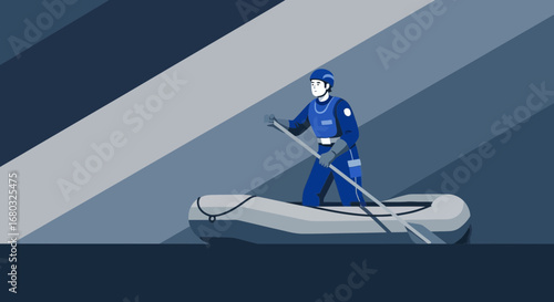 Adventurous Rafting Experience Depicted in Blue Tones with a Sense of Exploration
