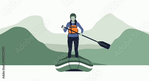 Adventurous Rafting Woman Navigates Rapids in Scenic Mountainous Nature Illustration