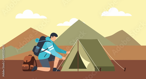 Adventurer setting up tent in the mountains camping, outdoor experience activity
