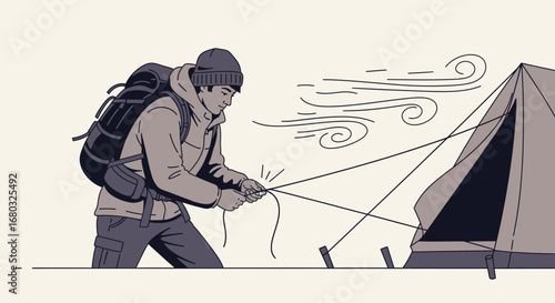 Adventurer Setting Up Tent In Windy Conditions Depicting Outdoor Recreation Activities