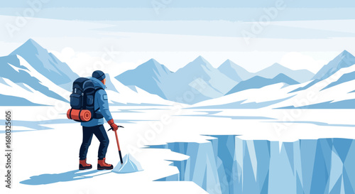 Adventurer standing at a glacier with axe in the snowy mountain landscape