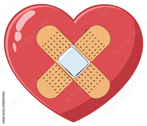Red heart patched with two crossed adhesive bandages symbolizing emotional healing and recovery