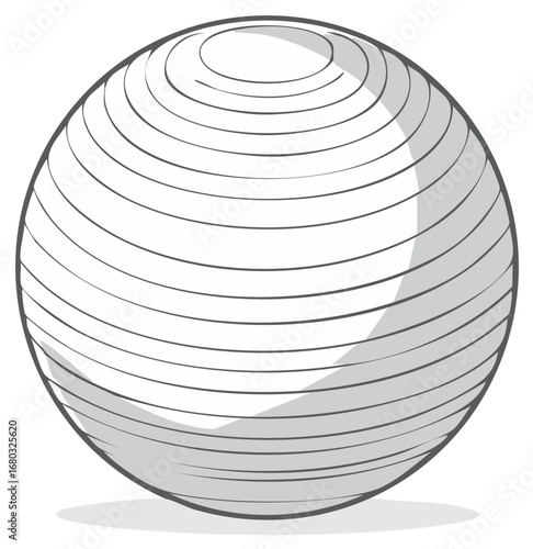 Minimalist outline drawing of a fitness exercise ball with concentric lines and subtle shadow