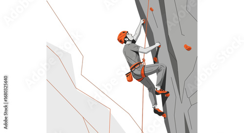Adventurous Rock Climber Ascending Vertical Cliff Face, Courageous Attempt
