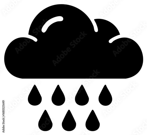 Black weather icon depicting a rain cloud with droplets falling down representing precipitation and wet conditions