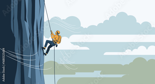 Adventurous Rock Climber Scaling a Cliff Face During a Cloudy Day Adventure