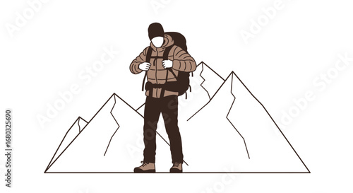 Adventurer standing with a backpack in front of mountains silhouette illustration
