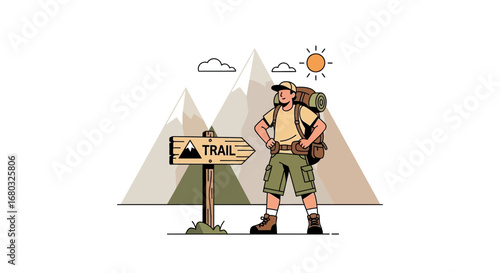 Adventurer Starting Journey On Trail With Backpack, Sign Suggesting Directions