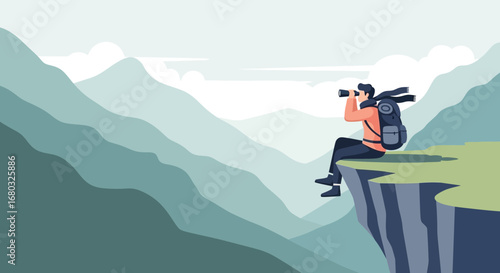 Adventurer Taking A Bird's Eye View, Exploring The Mountains, With Panoramic View
