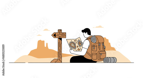 Adventurer Studying Map Beside Trail Marker Amidst Desert Terrain for Directional Guidance