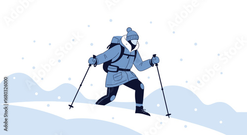 Adventurer Trekking Through Snowy Terrain Under Gentle Winter Conditions