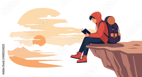 Adventurous traveler enjoying a book while sitting on a cliff with a beautiful sunset view