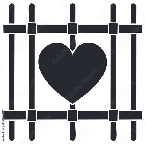 Black heart silhouette behind jail bars symbolizing emotional confinement and restricted love