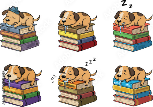 Cute sleepy puppy on stacked books, cartoon dog sleeping, educational nap, drooling dog, adorable animal character, bedtime reading, humor.