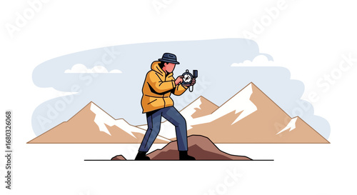 Adventurer Using Compass in Mountainous Terrain, Exploring and Navigating Landscapes