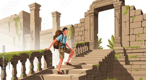Adventurous traveler exploring an ancient ruin with backpack climbing stairs