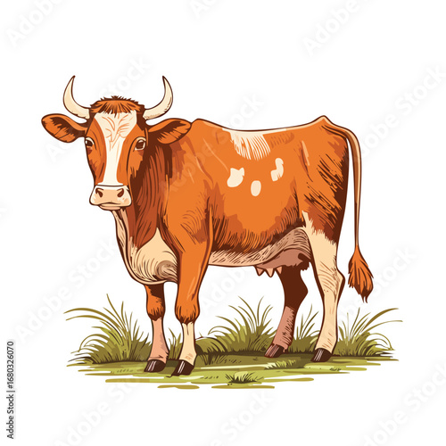 Cow standing on a green meadow cartoon illustration