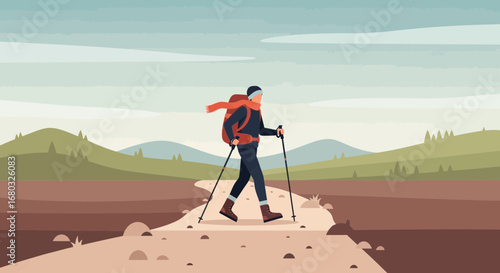 Adventurer Treks Along The Trail Through Rolling Hills And Beautiful Landscapes