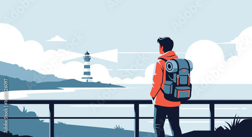 Adventurous Traveler Observing a Distant Lighthouse and Exploring Coastal Scenery