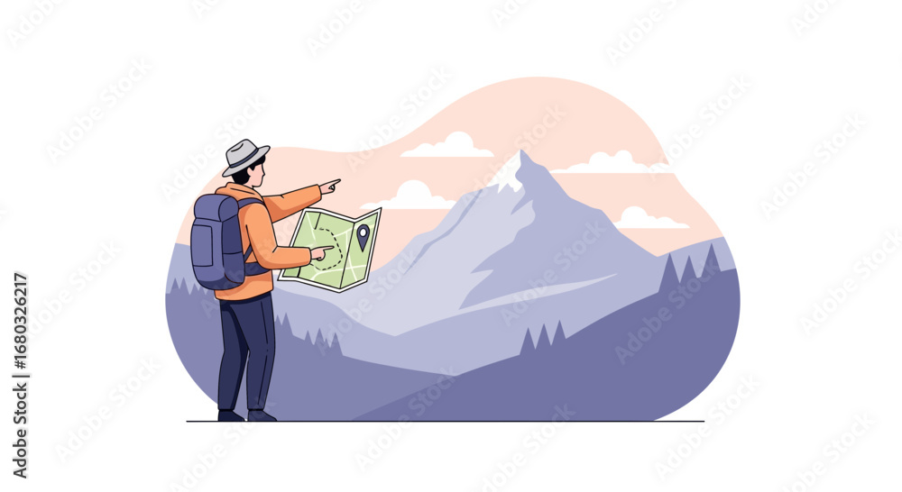 Naklejka premium Adventurer With Map, Discovering Landscape, Mountain Peaks With Sky View, Planning Hike