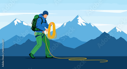 Adventurer With A Rope Prepares For Mountain Climbing Adventure Highlighting Determination