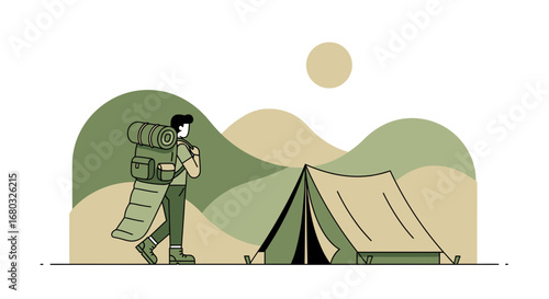 Adventurer With Backpack Hiking Towards Tent in Nature on a Sunny Day