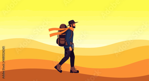 Adventurous Traveler Walking Across Desert Landscape Under Warm Sunlight Sky