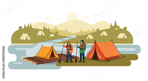 Adventurers Camping Near River With Tents And Raft In Vibrant Outdoor Landscape