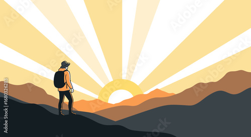 Adventure's Call: A lone hiker beholds the sunrise over the mountain range