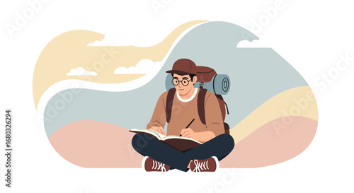 Adventurous Traveler Writing, Observing Nature, Taking Notes During a Solo Expedition Adventure